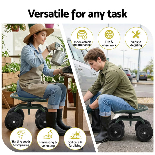 Gardeon Garden Seat 360 Swivel Rolling Adjustable Height Work Scooter Cart Wheels Heavy Duty 150kg - Mekamart Australia