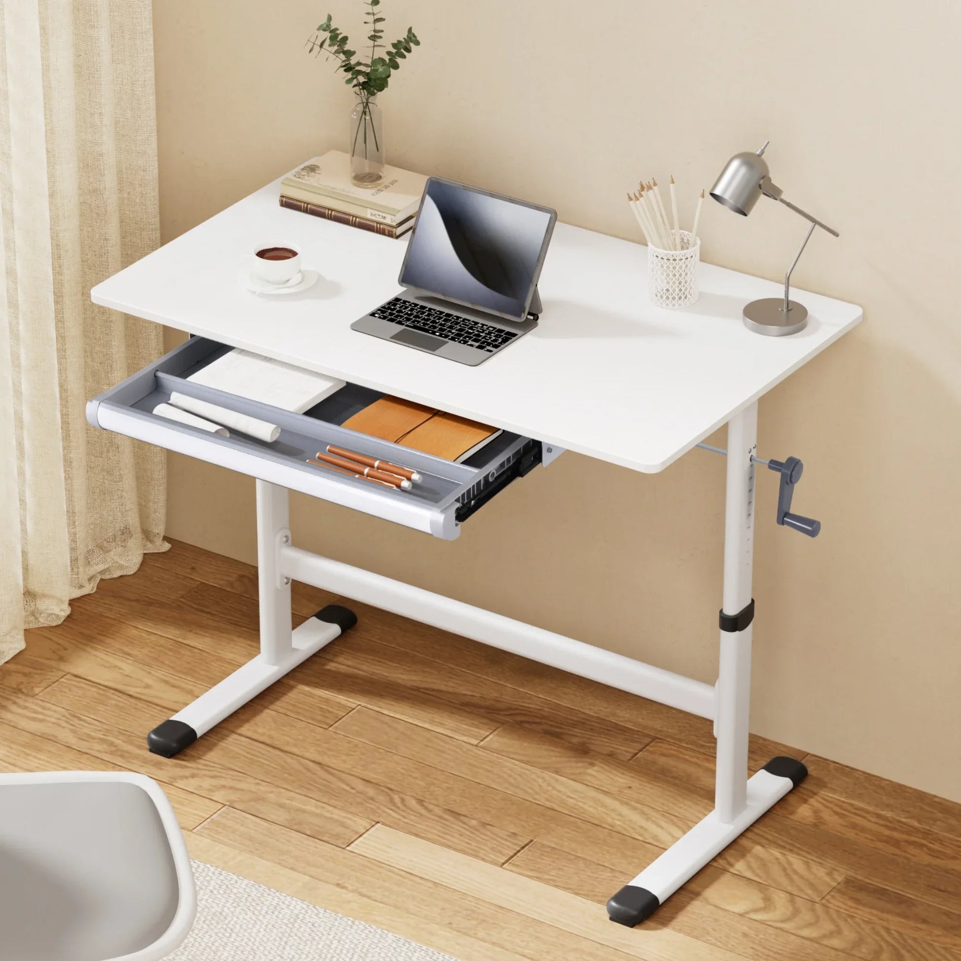 Artiss Manual Standing Desk Height Adjustable Workstation Computer Desks Study 100CM White - Mekamart Australia