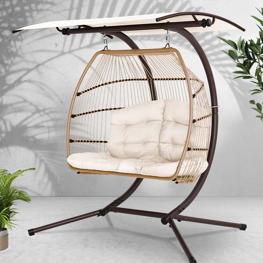 Gardeon Outdoor Egg Swing Chair Wicker Furniture Pod Stand Canopy 2 Seater Latte - Mekamart Australia