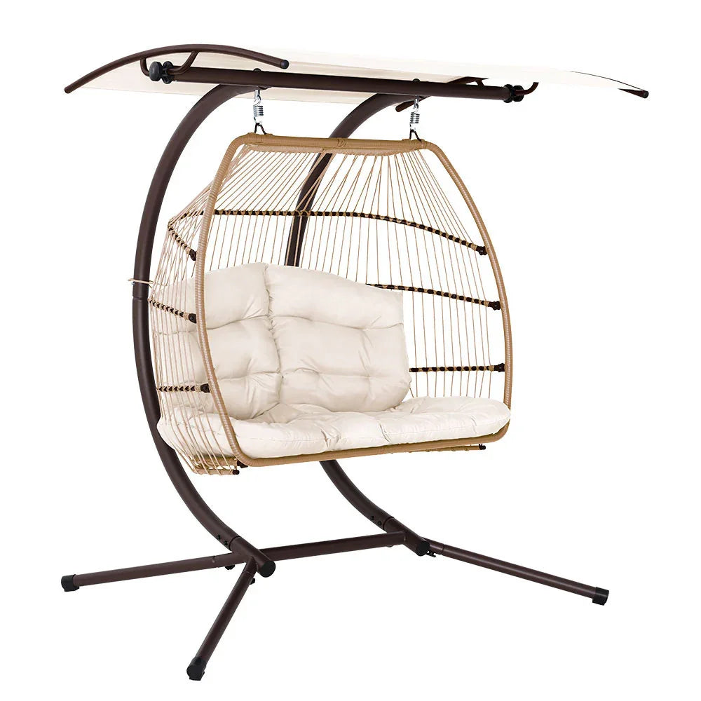 Gardeon Outdoor Egg Swing Chair Wicker Furniture Pod Stand Canopy 2 Seater Latte - Mekamart Australia