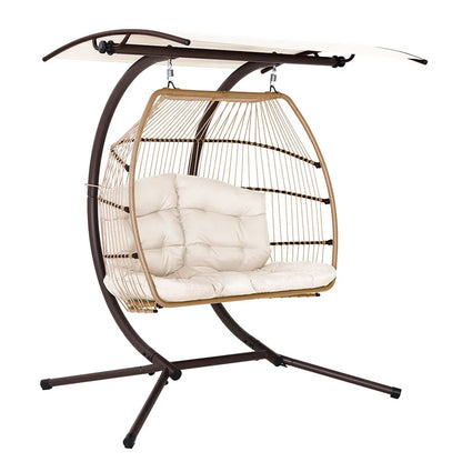 Gardeon Outdoor Egg Swing Chair Wicker Furniture Pod Stand Canopy 2 Seater Latte - Mekamart Australia