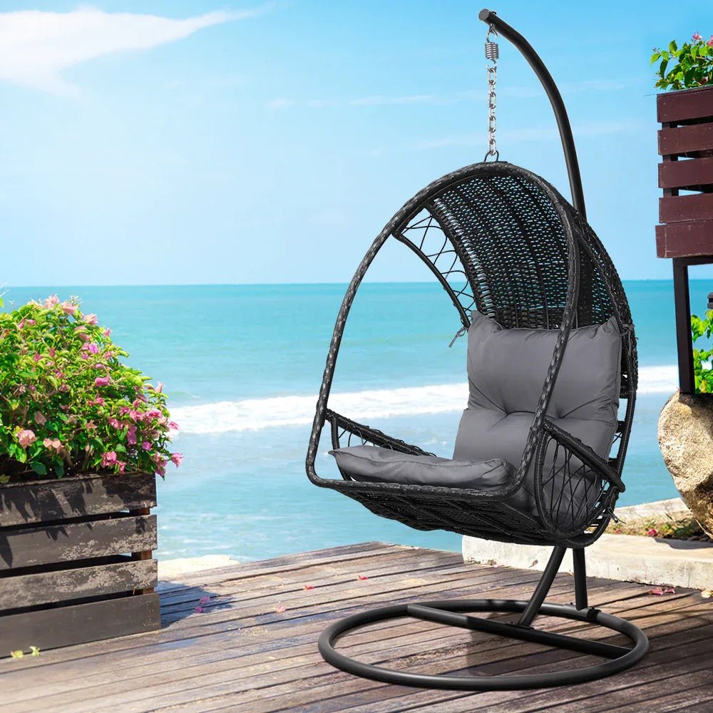 Gardeon Outdoor Egg Swing Chair Wicker Furniture Pod Stand Armrest Black - Mekamart Australia