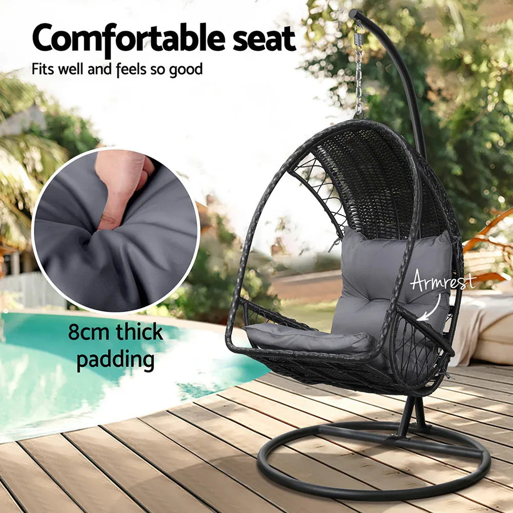Gardeon Outdoor Egg Swing Chair Wicker Furniture Pod Stand Armrest Black - Mekamart Australia