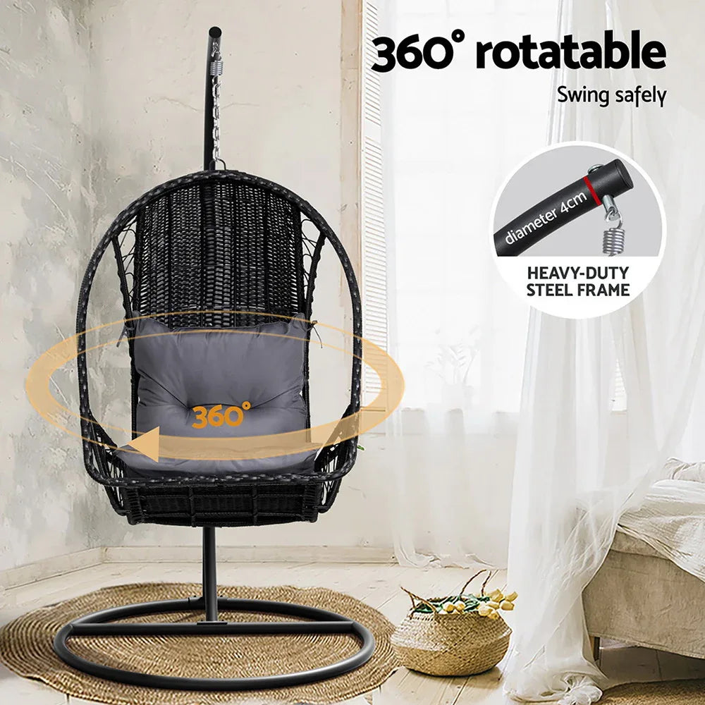 Gardeon Outdoor Egg Swing Chair Wicker Furniture Pod Stand Armrest Black - Mekamart Australia