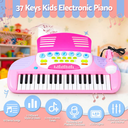 Keezi Kids Piano Keyboard 37 Keys Electronic Musical Instrument Set w/ Stool Microphone