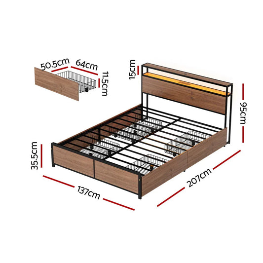 Artiss Metal Bed Frame Double Size with 2-Tier Storage Headboard Metal Platform with 4 Storage Drawers Built in Charging Station & LED Noise-Free/Metal Support/No Box Spring Needed Vintage Brown - Mekamart Australia