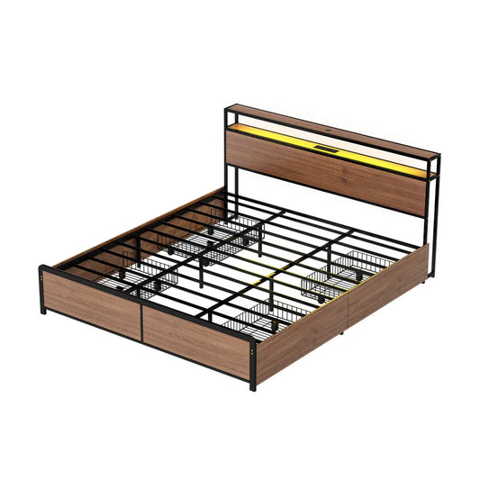 Artiss Metal Bed Frame King Size with 2-Tier Storage Headboard Metal Platform with 4 Storage Drawers Built in Charging Station & LED Noise-Free/Metal Support/No Box Spring Needed Vintage Brown - Mekamart Australia