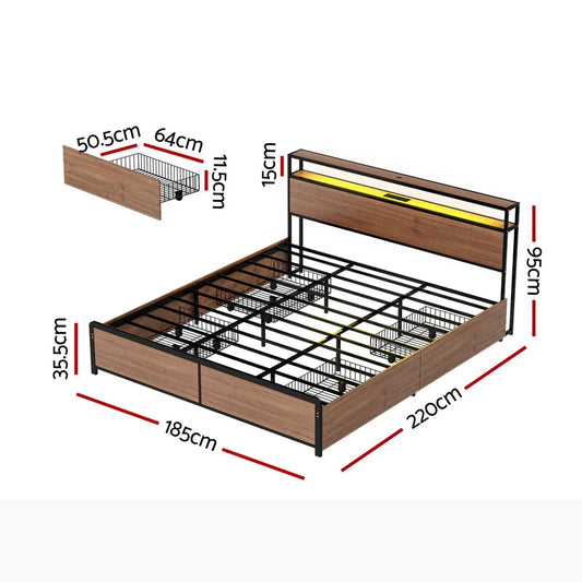 Artiss Metal Bed Frame King Size with 2-Tier Storage Headboard Metal Platform with 4 Storage Drawers Built in Charging Station & LED Noise-Free/Metal Support/No Box Spring Needed Vintage Brown - Mekamart Australia