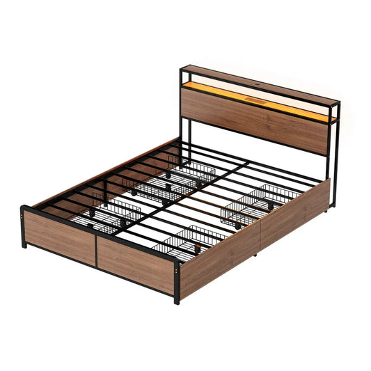 Artiss Metal Bed Frame Queen Size with 2-Tier Storage Headboard Metal Platform with 4 Storage Drawers Built in Charging Station & LED Noise-Free/Metal Support/No Box Spring Needed Vintage Brown - Mekamart Australia