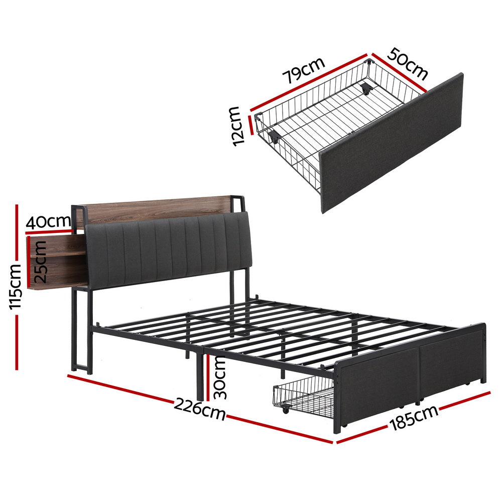 Artiss Metal Bed Frame King Size with 2-Tier Hidden Storage with Charging Station