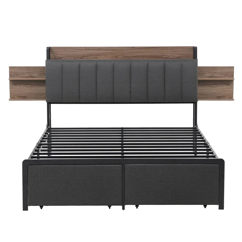 Artiss Metal Bed Frame Queen Size with 2-Tier Hidden Storage with Charging Station