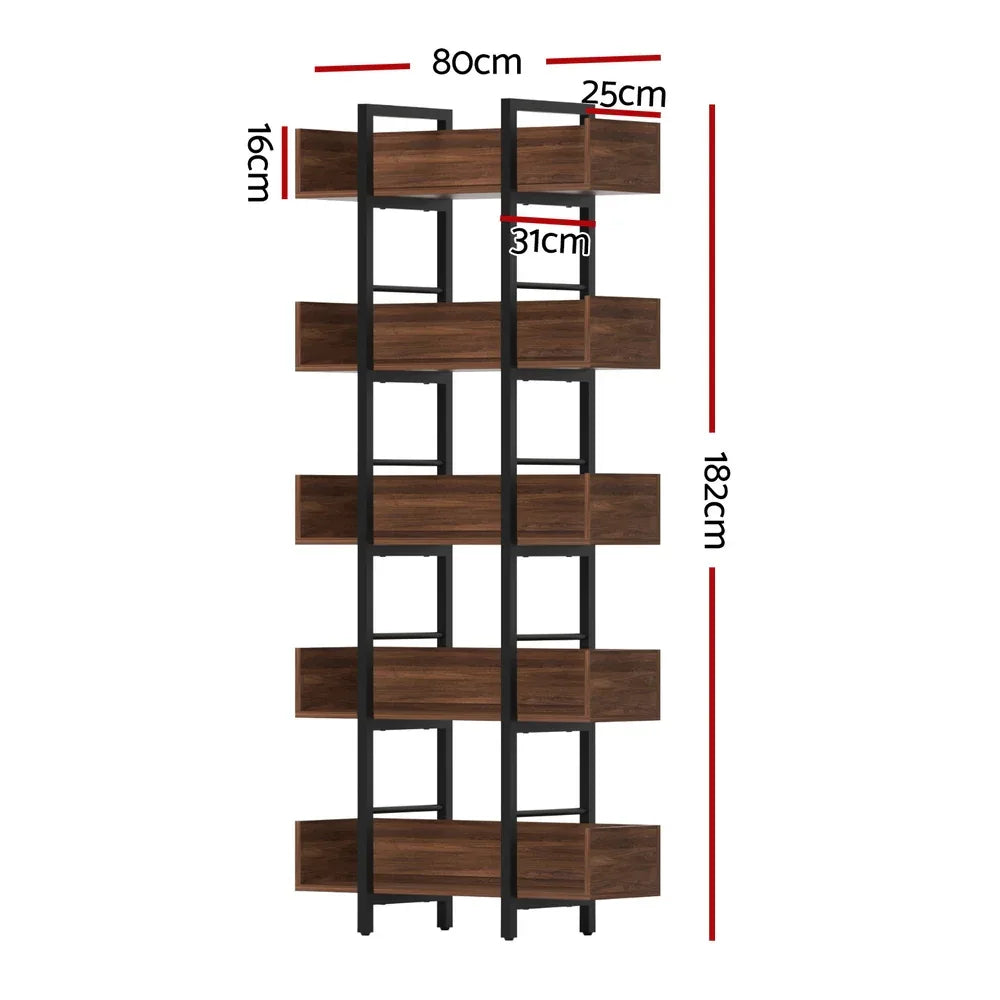 Artiss Bookshelf 5-Tier Bookcase Display Shelves Metal Storage Stand Rack Walnut - Mekamart Australia