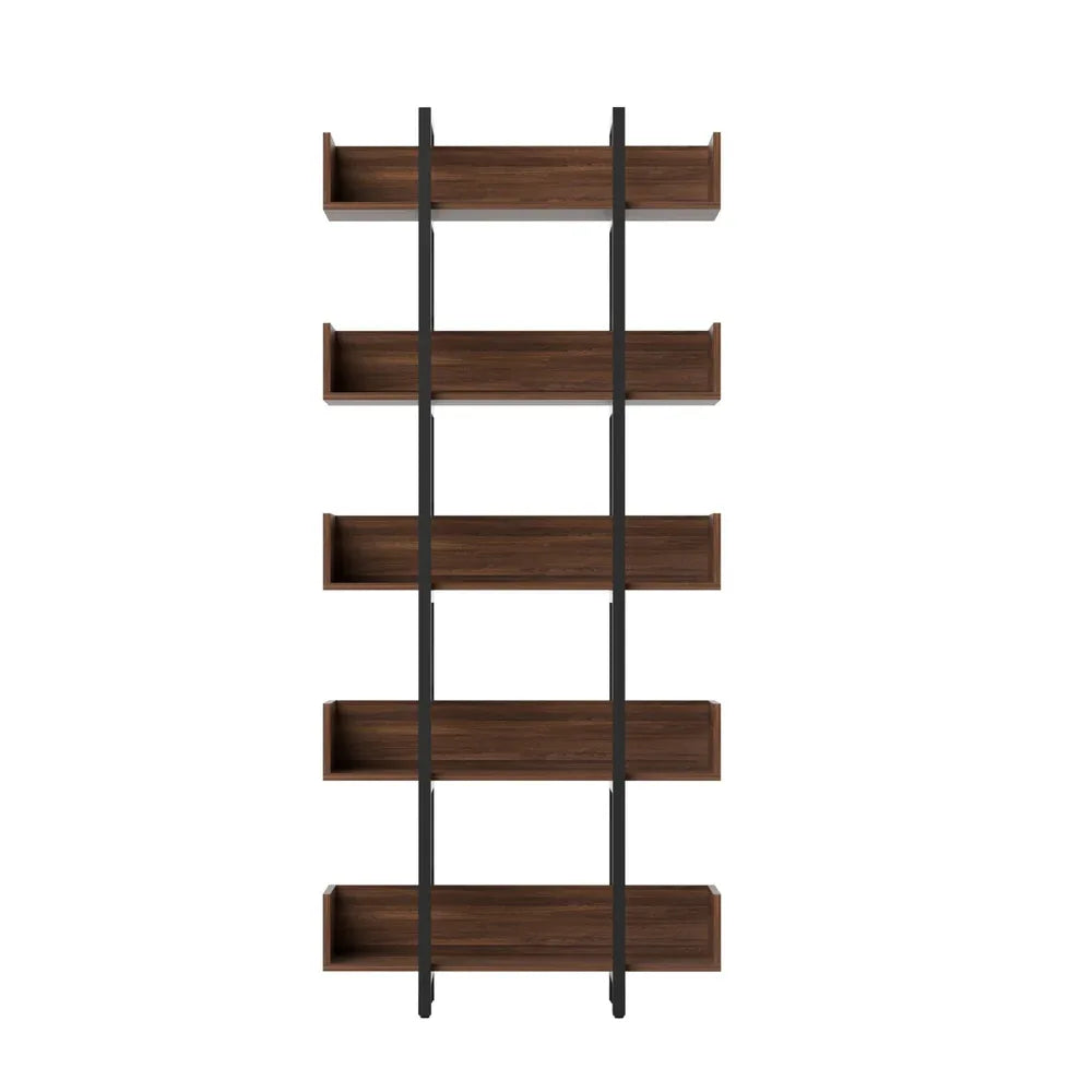 Artiss Bookshelf 5-Tier Bookcase Display Shelves Metal Storage Stand Rack Walnut - Mekamart Australia