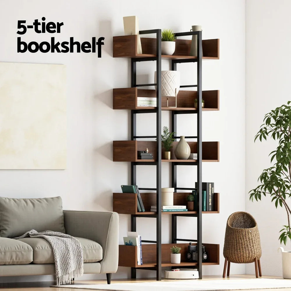 Artiss Bookshelf 5-Tier Bookcase Display Shelves Metal Storage Stand Rack Walnut - Mekamart Australia