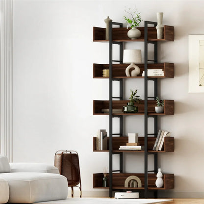 Artiss Bookshelf 5-Tier Bookcase Display Shelves Metal Storage Stand Rack Walnut - Mekamart Australia