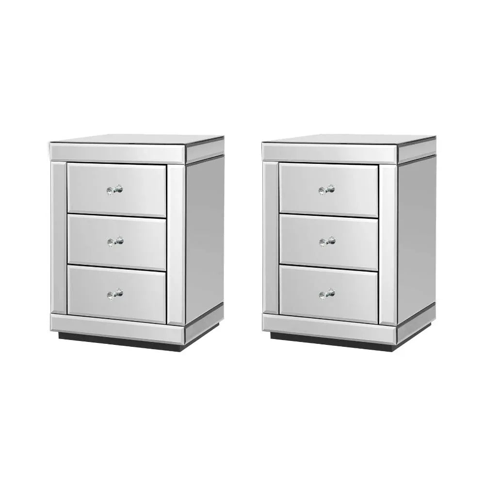 Artiss Set of 2 Bedside Table 3 Drawers Mirrored Glass - PRESIA Silver - Mekamart Australia