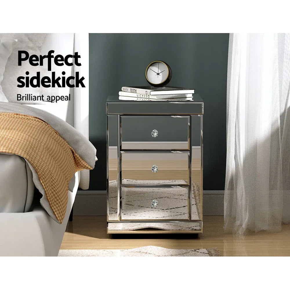 Artiss Set of 2 Bedside Table 3 Drawers Mirrored Glass - PRESIA Silver - Mekamart Australia
