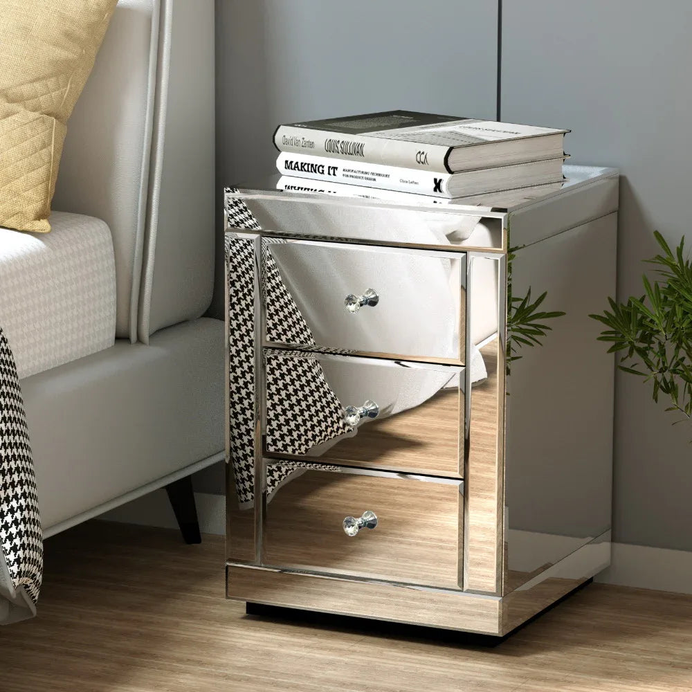 Artiss Set of 2 Bedside Table 3 Drawers Mirrored Glass - PRESIA Silver - Mekamart Australia