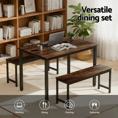 Artiss Dining Table and Chairs Set 3PCS Kitchen Metal Desk Bench Dark Walnut - Mekamart Australia