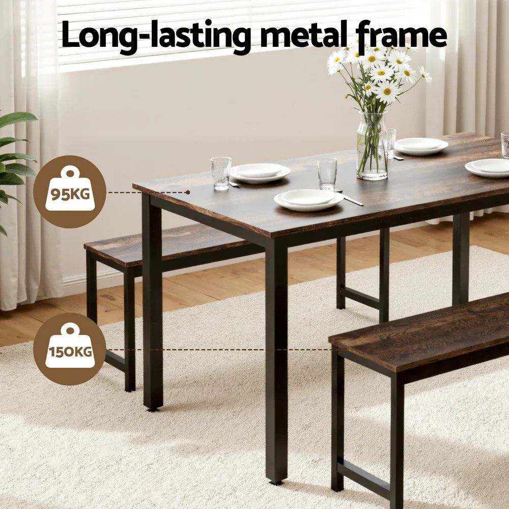 Artiss Dining Table and Chairs Set 3PCS Kitchen Metal Desk Bench Dark Walnut - Mekamart Australia