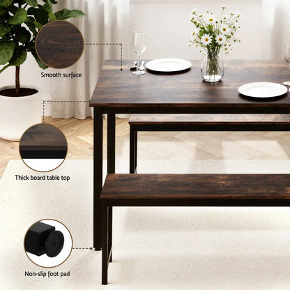 Artiss Dining Table and Chairs Set 3PCS Kitchen Metal Desk Bench Dark Walnut - Mekamart Australia