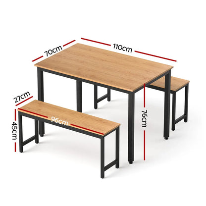 Artiss Dining Table and Chairs Set 3PCS Kitchen Metal Desk Bench Natural Oak - Mekamart Australia