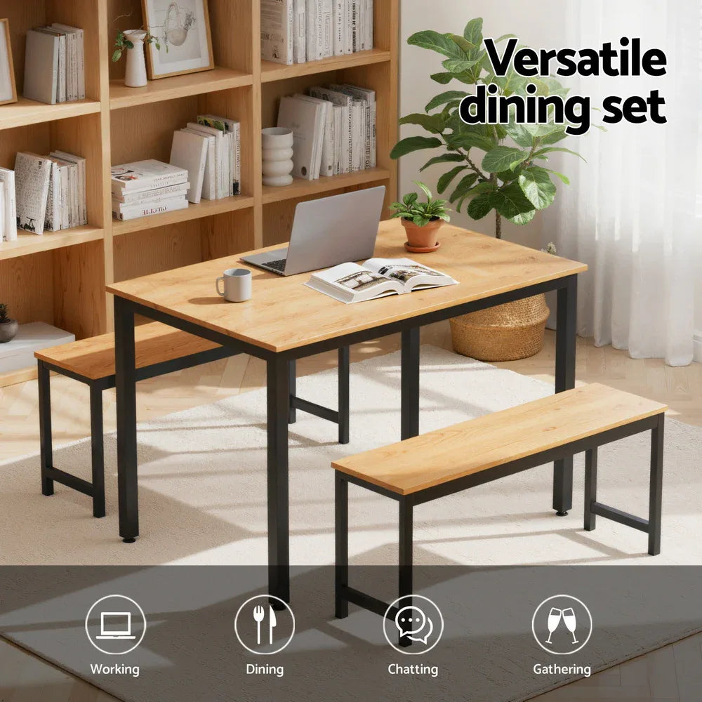 Artiss Dining Table and Chairs Set 3PCS Kitchen Metal Desk Bench Natural Oak - Mekamart Australia