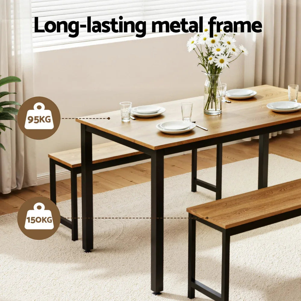 Artiss Dining Table and Chairs Set 3PCS Kitchen Metal Desk Bench Natural Oak - Mekamart Australia