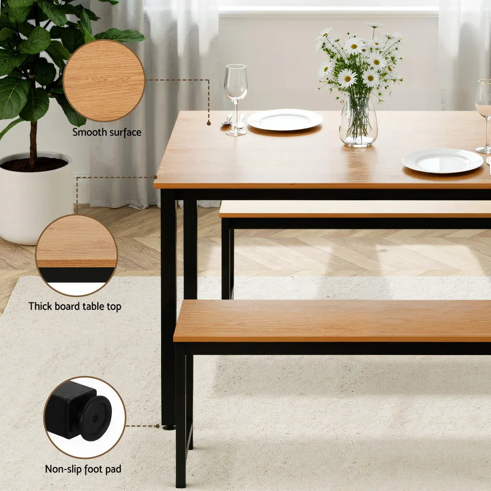 Artiss Dining Table and Chairs Set 3PCS Kitchen Metal Desk Bench Natural Oak - Mekamart Australia
