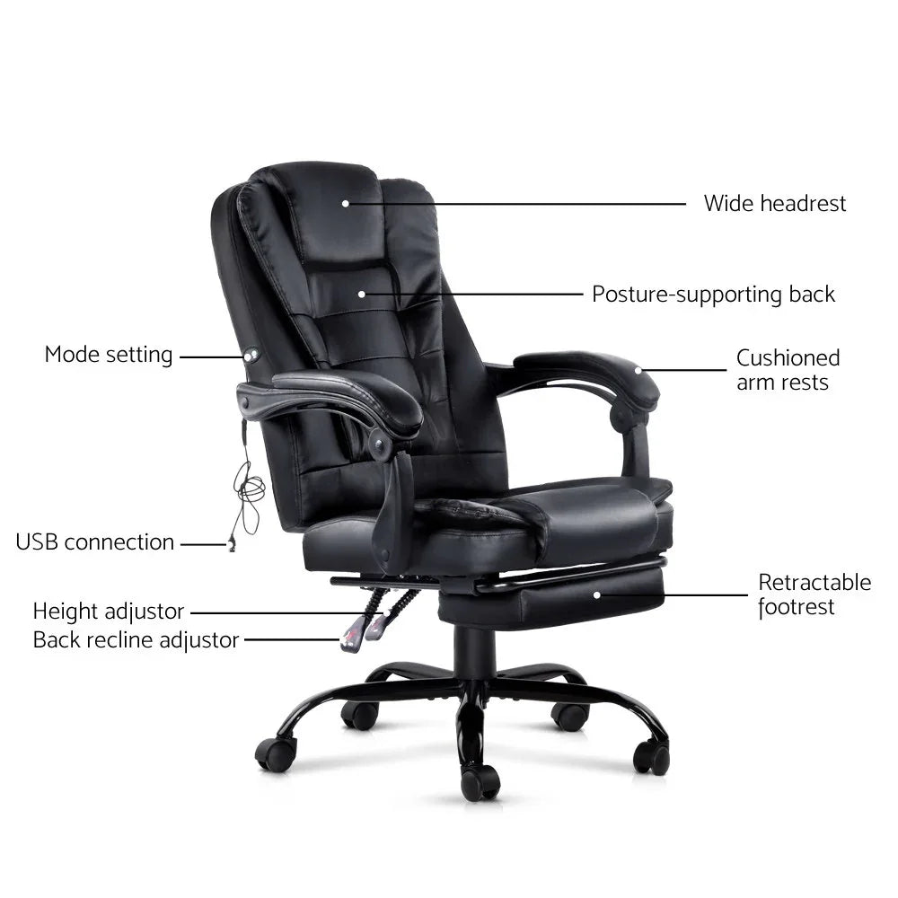 Artiss 2 Point Massage Office Chair PU Leather Footrest Black - Mekamart Australia