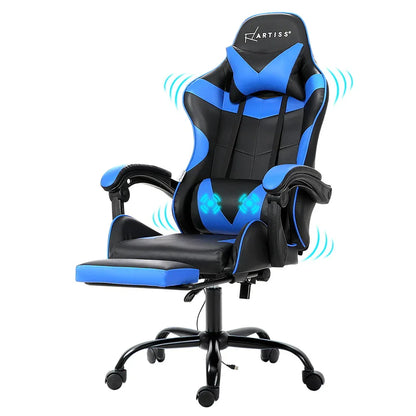 Artiss 2 Point Massage Gaming Office Chair Footrest Blue - Mekamart Australia