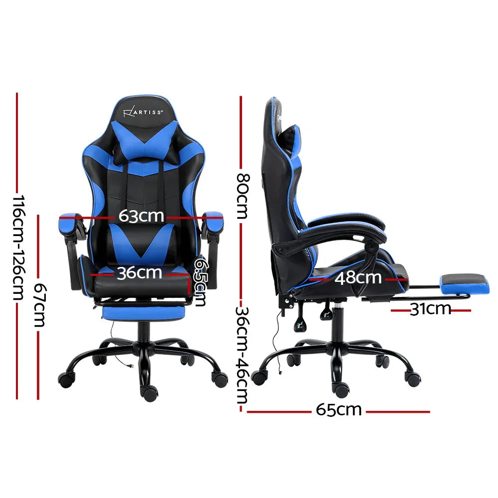 Artiss 2 Point Massage Gaming Office Chair Footrest Blue - Mekamart Australia