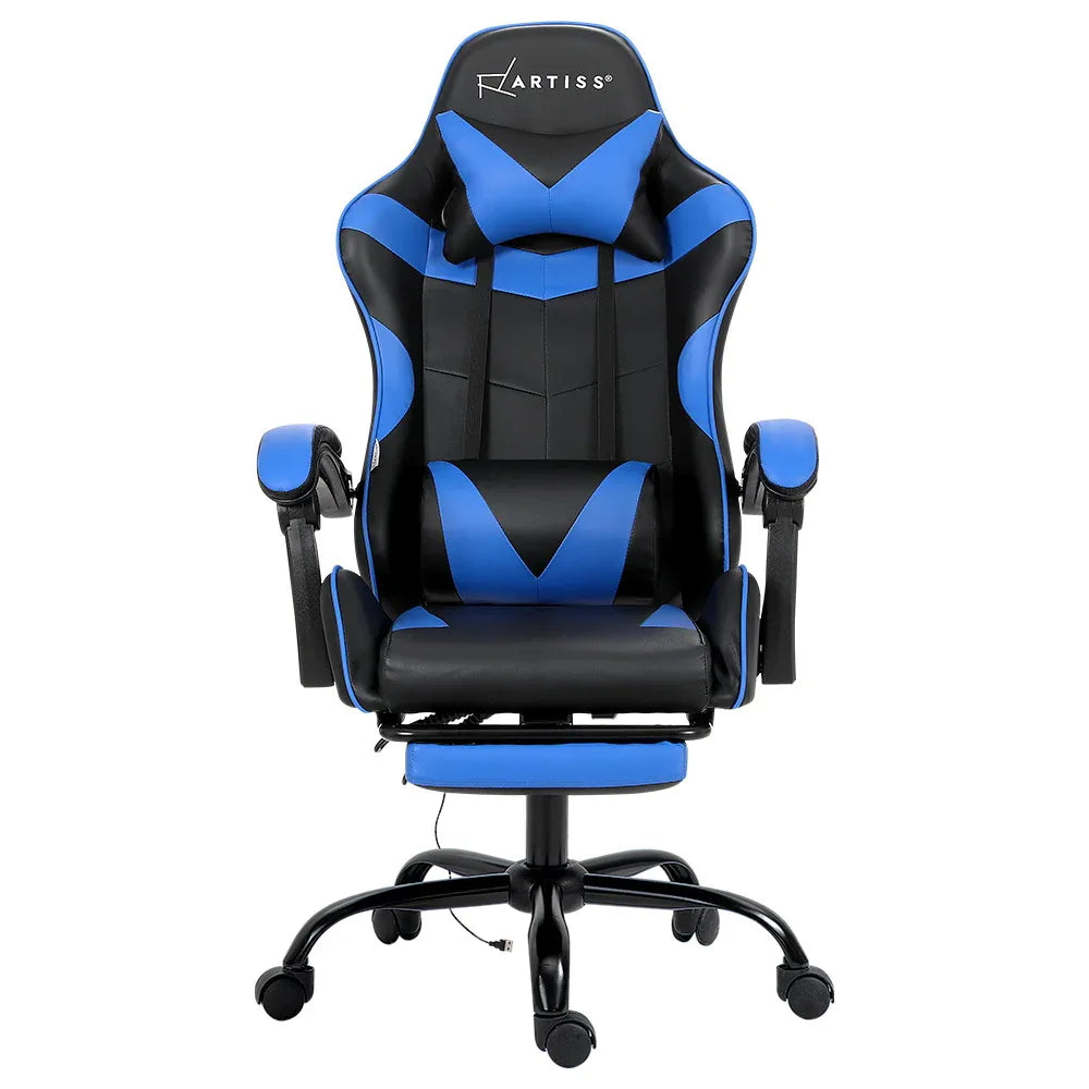 Artiss 2 Point Massage Gaming Office Chair Footrest Blue - Mekamart Australia