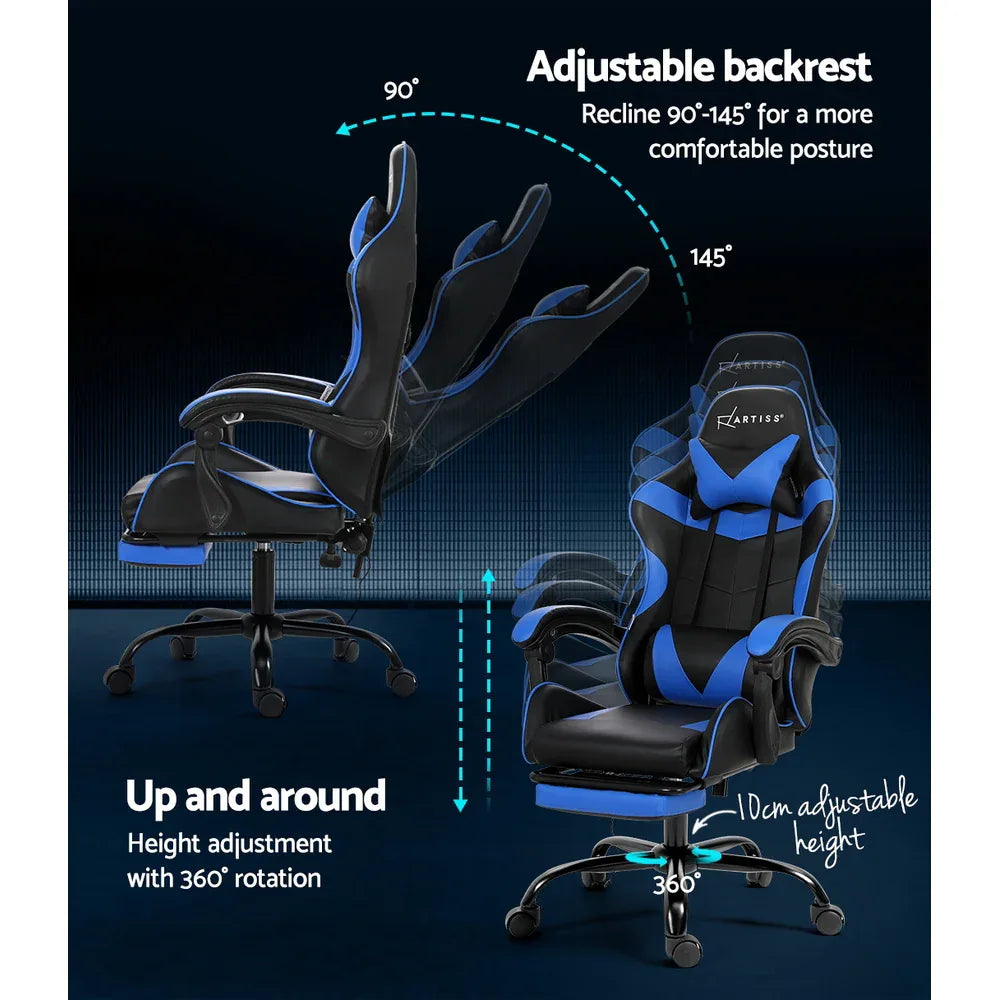 Artiss 2 Point Massage Gaming Office Chair Footrest Blue - Mekamart Australia
