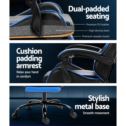 Artiss 2 Point Massage Gaming Office Chair Footrest Blue - Mekamart Australia