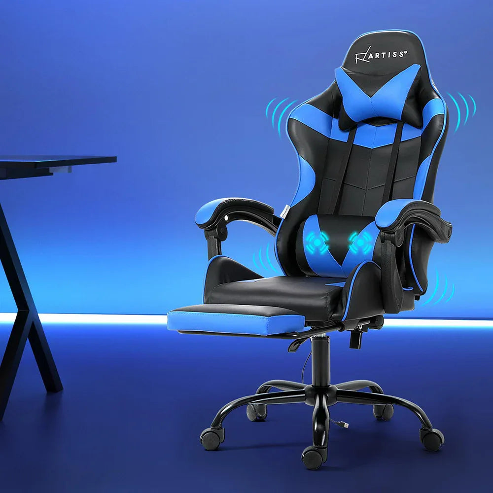 Artiss 2 Point Massage Gaming Office Chair Footrest Blue - Mekamart Australia