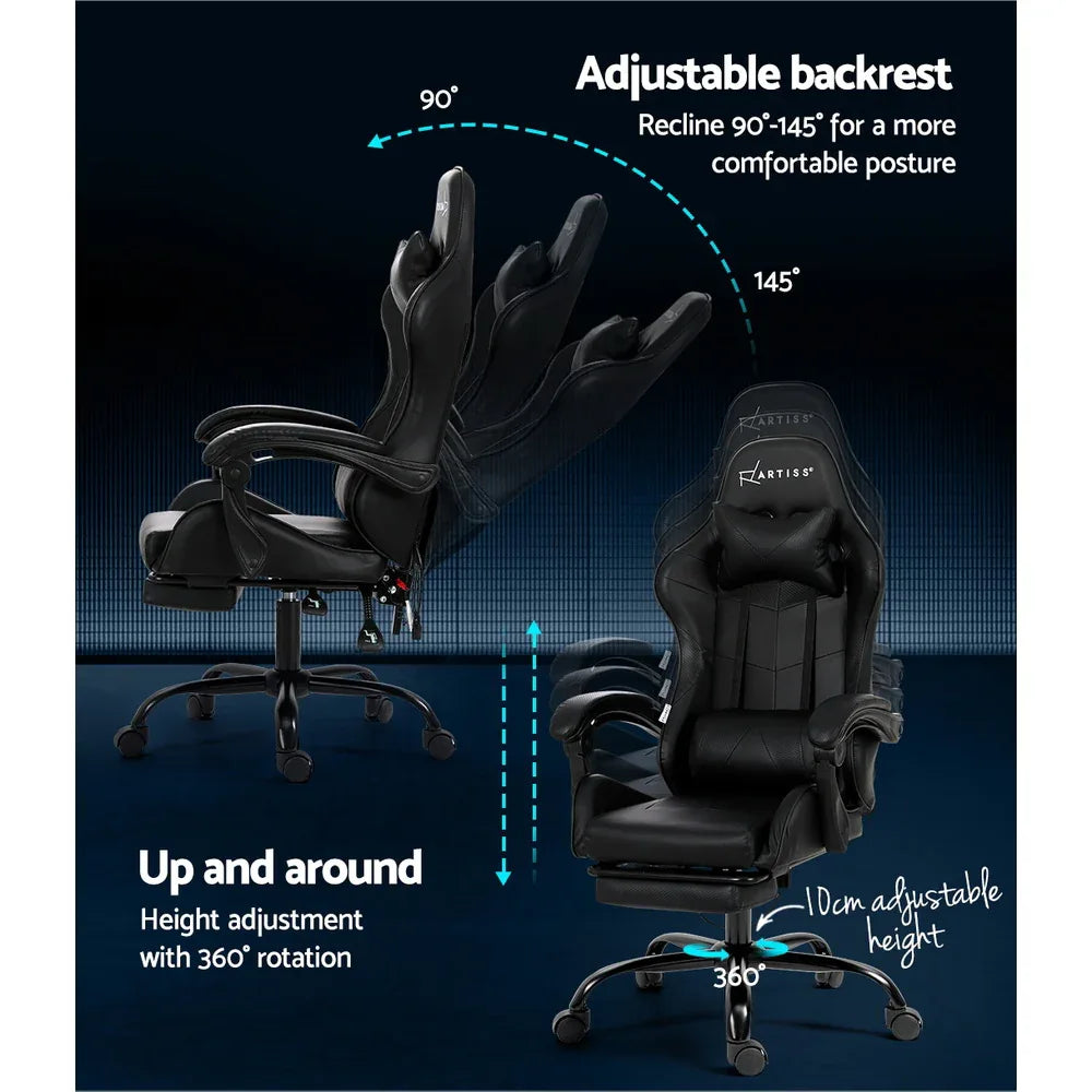 Artiss 6 Point Massage Gaming Office Chair Footrest Black - Mekamart Australia