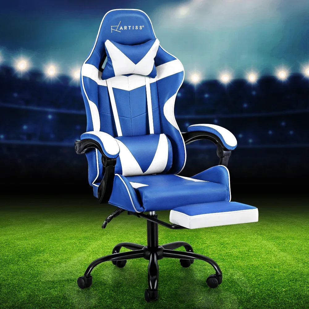 Artiss Gaming Office Chair Executive Computer Leather Chairs Footrest Blue White - Mekamart Australia