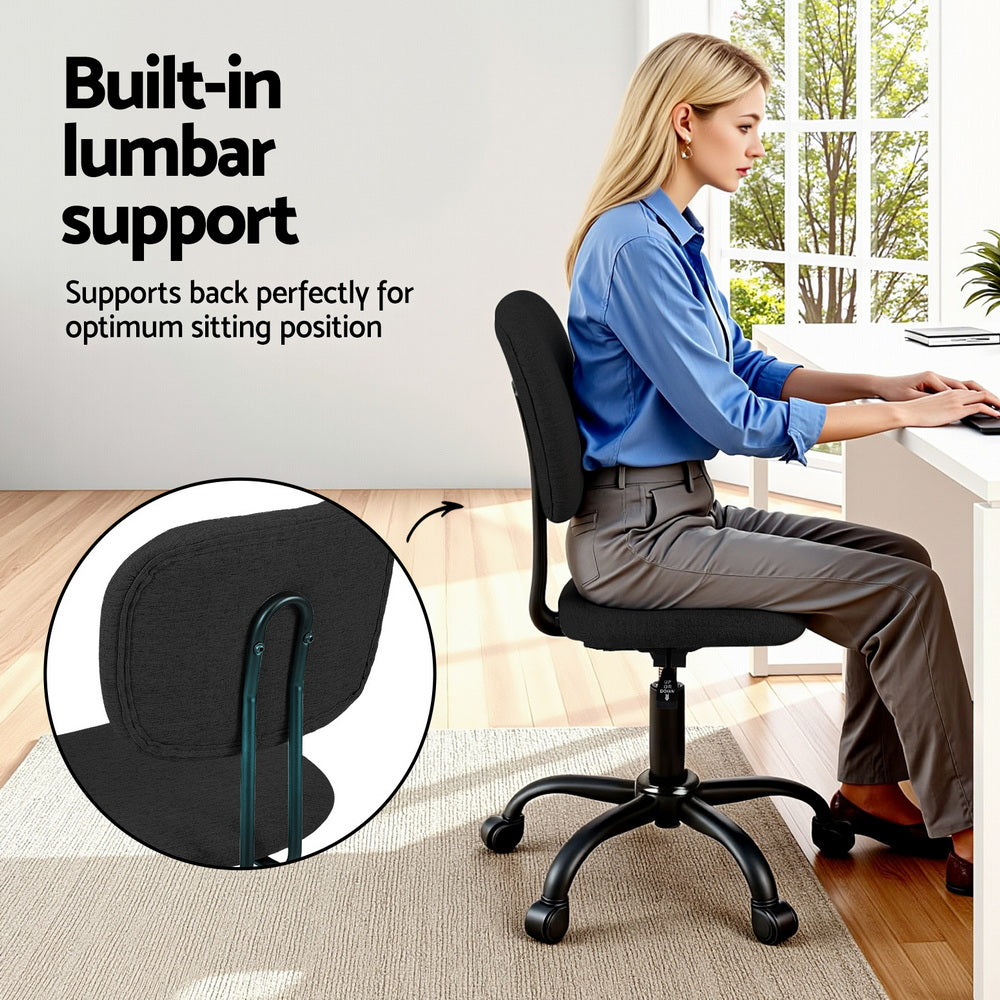 Artiss Armless Office Chair with Wheels, Ergonomic 360° Swivel Home Office Desk Chair, Height Adjustable Computer Task Chair with Fabric Back and Seat for Small Space, Black