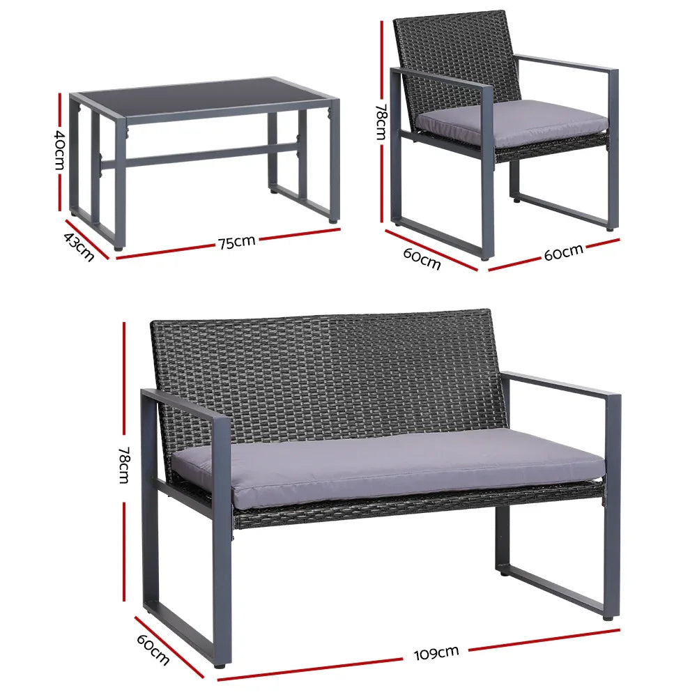 Gardeon 4 PCS Outdoor Sofa Set Rattan Furniture Glass Top Table Chairs Black - Mekamart Australia