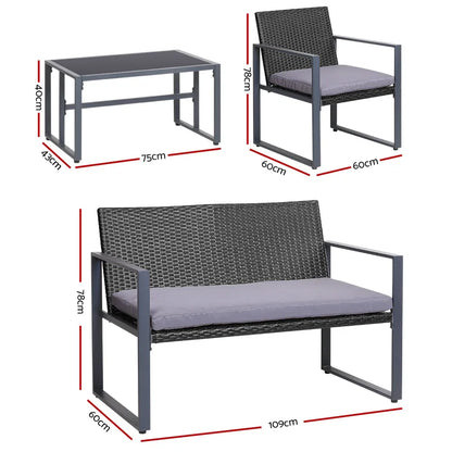 Gardeon 4 PCS Outdoor Sofa Set Rattan Furniture Glass Top Table Chairs Black - Mekamart Australia