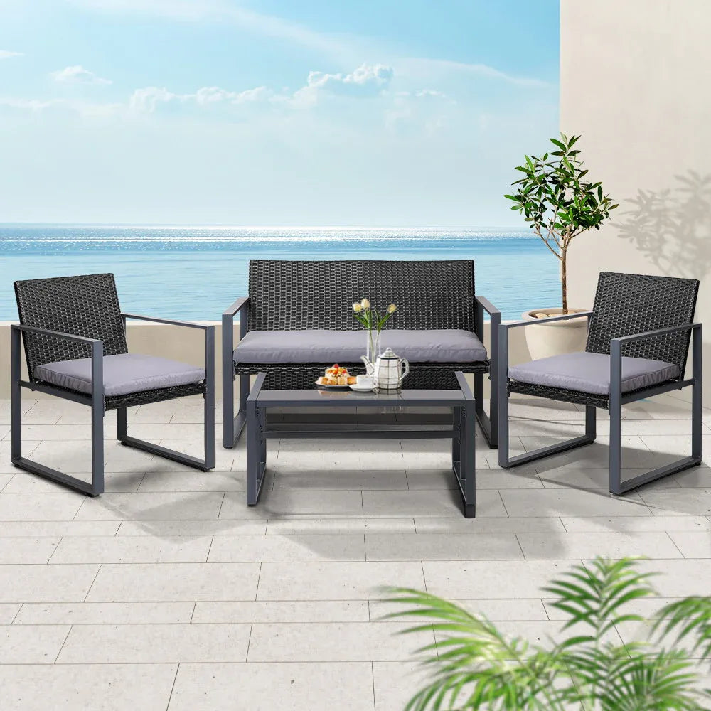 Gardeon 4 PCS Outdoor Sofa Set Rattan Furniture Glass Top Table Chairs Black - Mekamart Australia