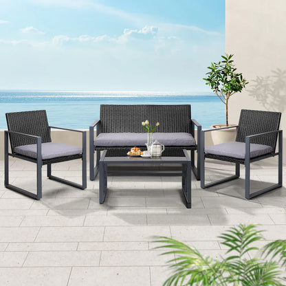 Gardeon 4 PCS Outdoor Sofa Set Rattan Furniture Glass Top Table Chairs Black - Mekamart Australia
