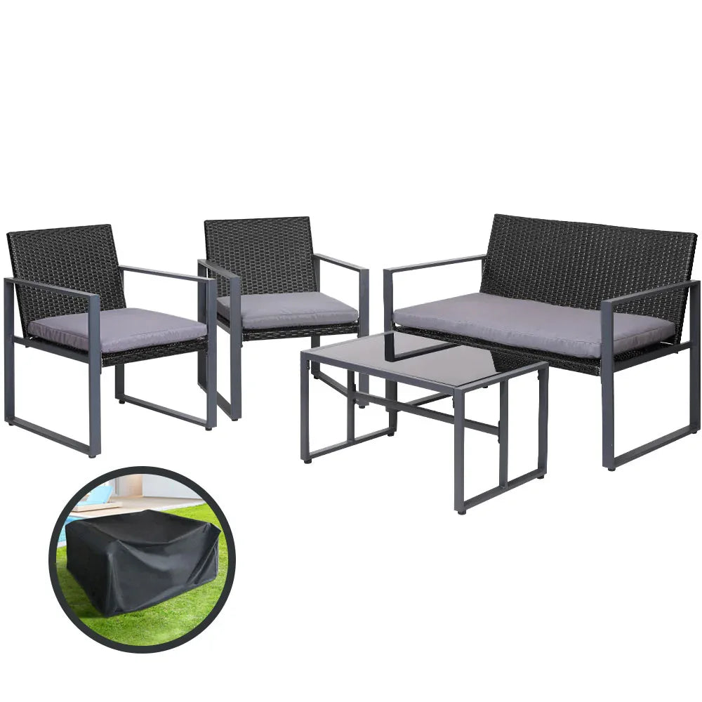 Gardeon 4 PCS Outdoor Sofa Set Rattan Furniture with Storage Cover Chairs Black - Mekamart Australia