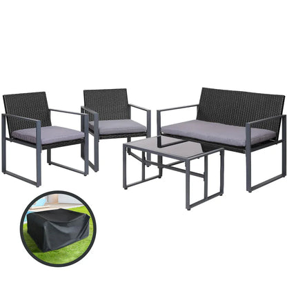 Gardeon 4 PCS Outdoor Sofa Set Rattan Furniture with Storage Cover Chairs Black - Mekamart Australia