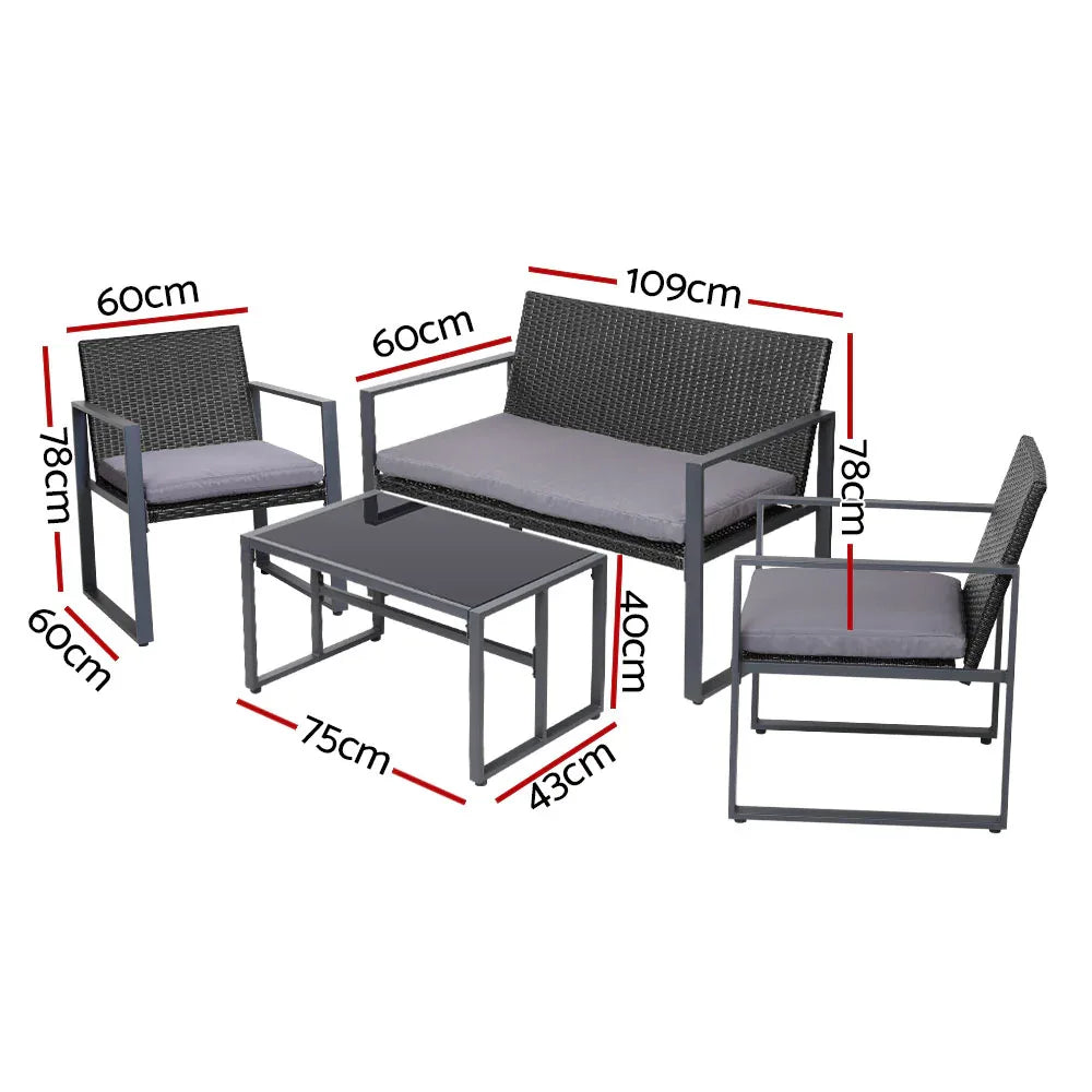 Gardeon 4 PCS Outdoor Sofa Set Rattan Furniture with Storage Cover Chairs Black - Mekamart Australia