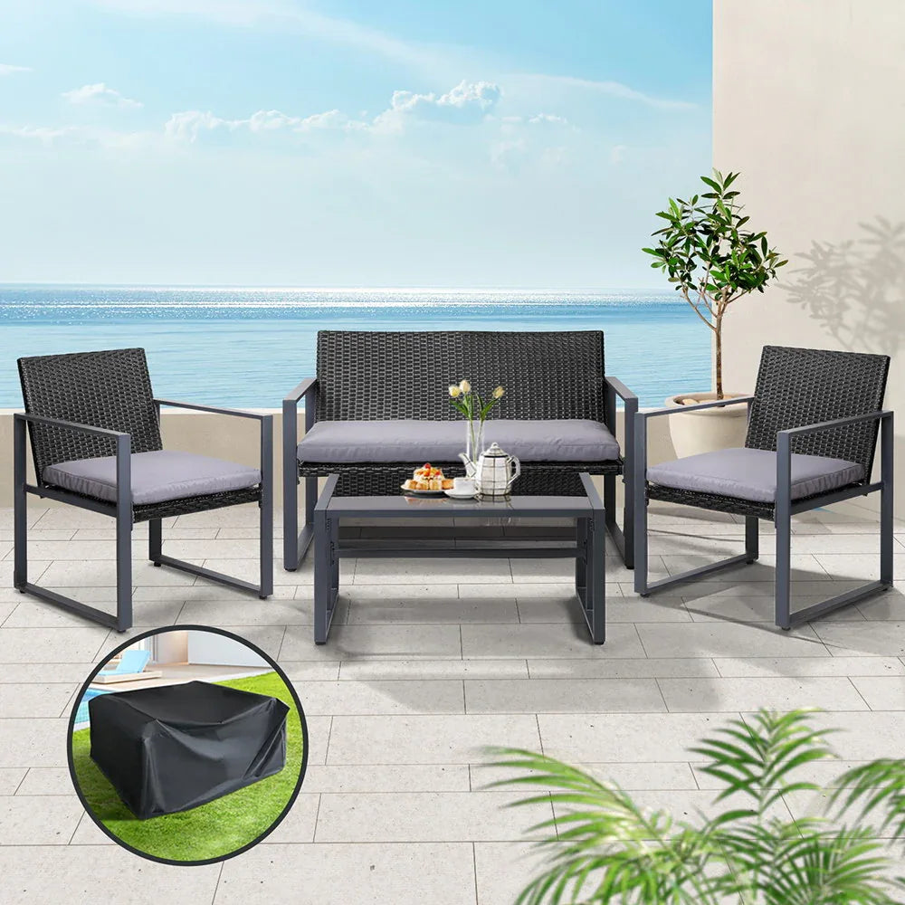 Gardeon 4 PCS Outdoor Sofa Set Rattan Furniture with Storage Cover Chairs Black - Mekamart Australia