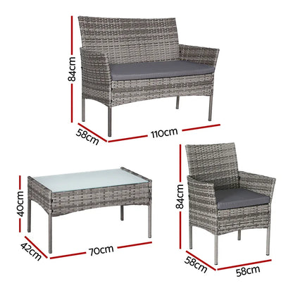Gardeon 4 Seater Outdoor Sofa Set Wicker Setting Table Chair Furniture Grey - Mekamart Australia