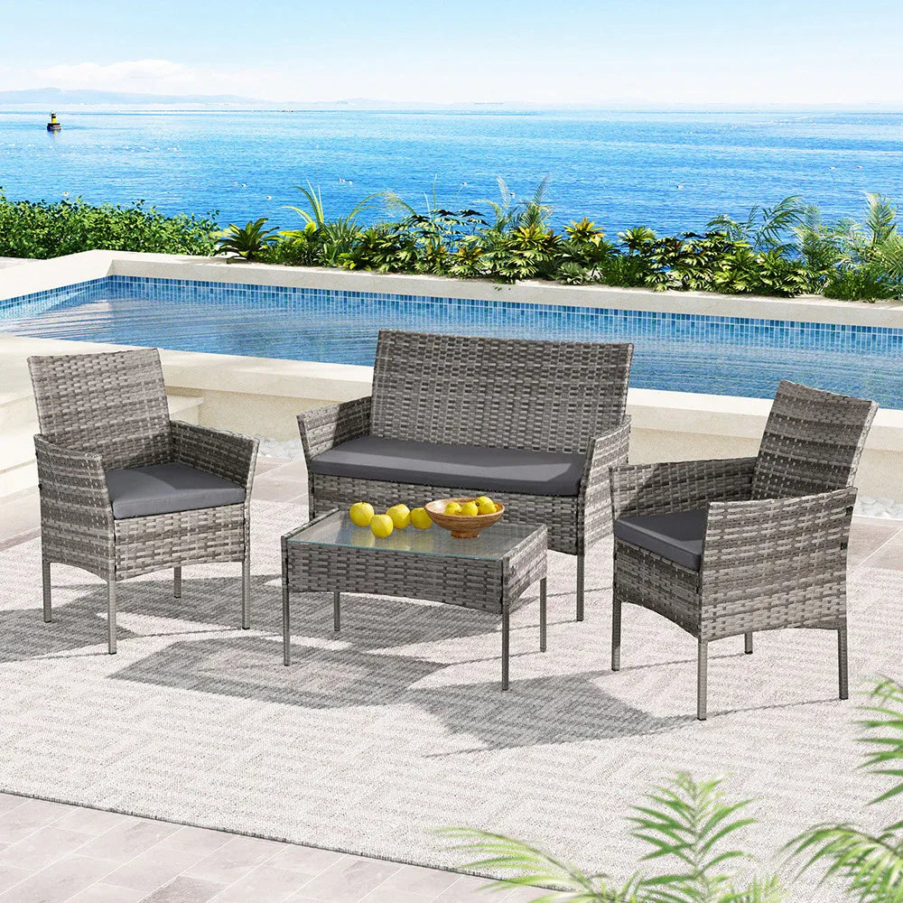 Gardeon 4 Seater Outdoor Sofa Set Wicker Setting Table Chair Furniture Grey - Mekamart Australia