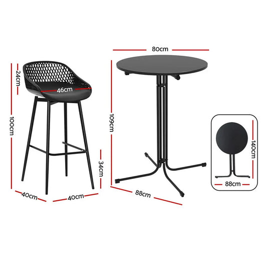 Gardeon 3PC Outdoor Bar Set Stools Dining Chairs Table Patio Furniture Bistro Set Black - Mekamart Australia